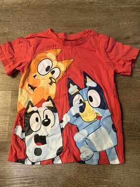Red Bluey Graphic Kids T-Shirt Featuring Bluey, Bingo, and Muffin